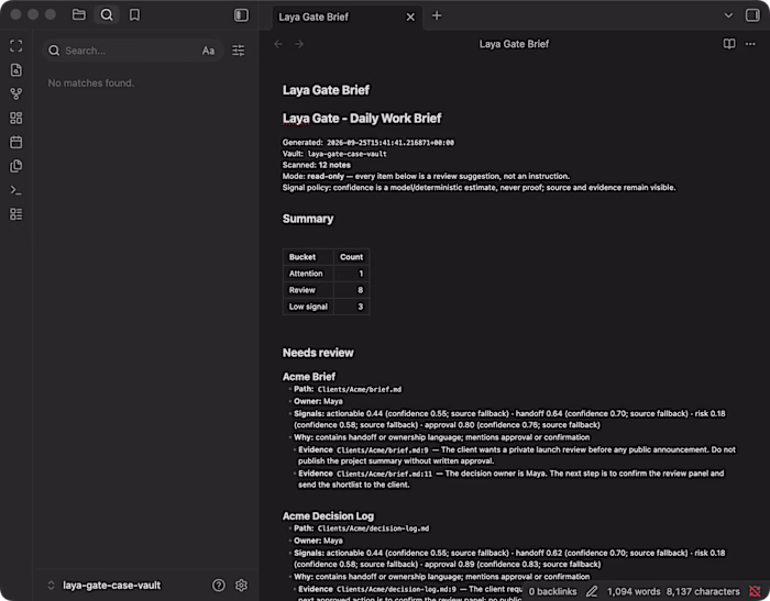 Laya Gate | Private Daily Work Brief for Obsidian