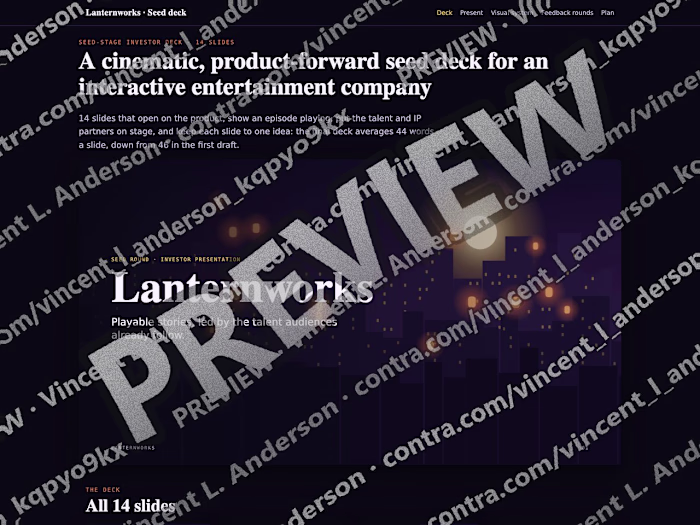 Cinematic seed investor deck for an entertainment startup