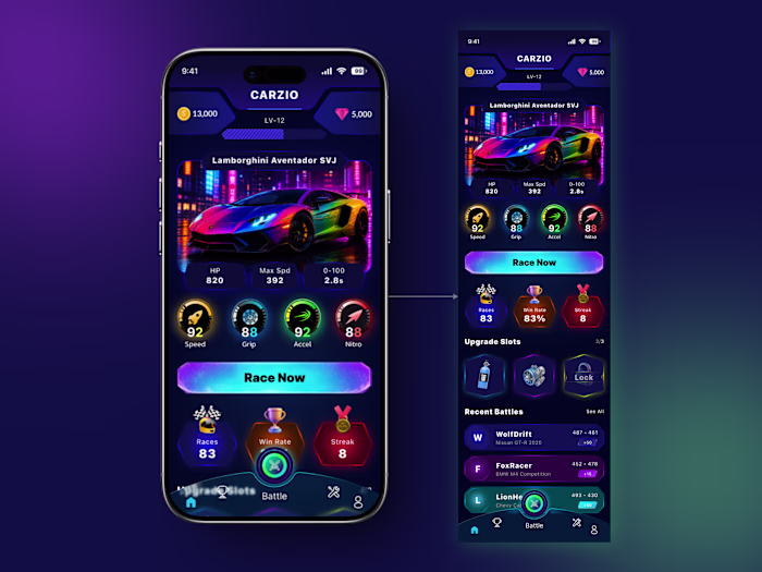 Supercar Battle Game UI Design