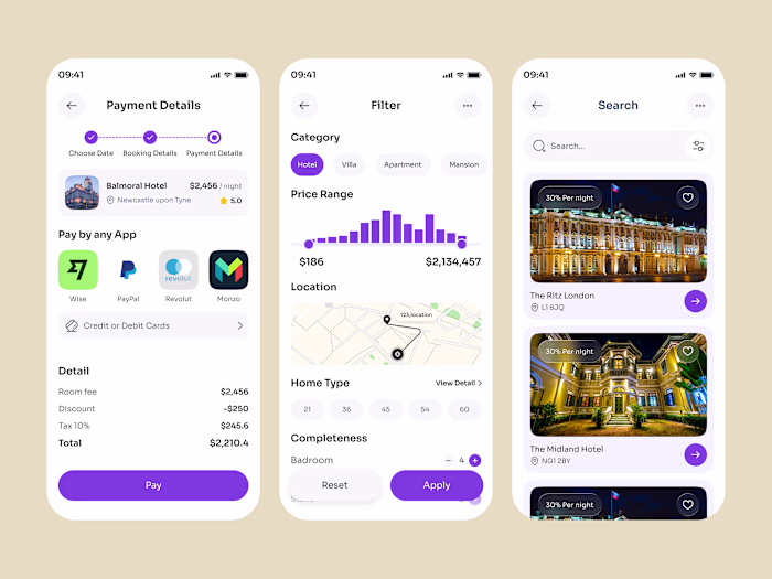 Hotel Booking App -Payment, Filter & Search Screen