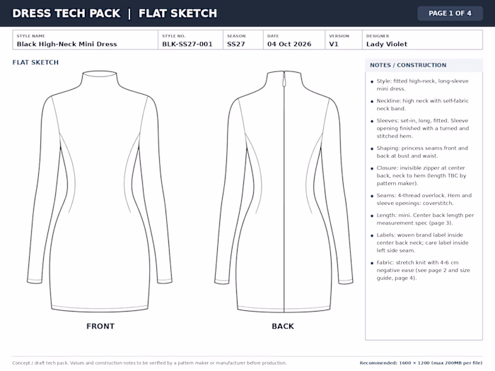 Dress flat sketch basic details and size chart tech pack