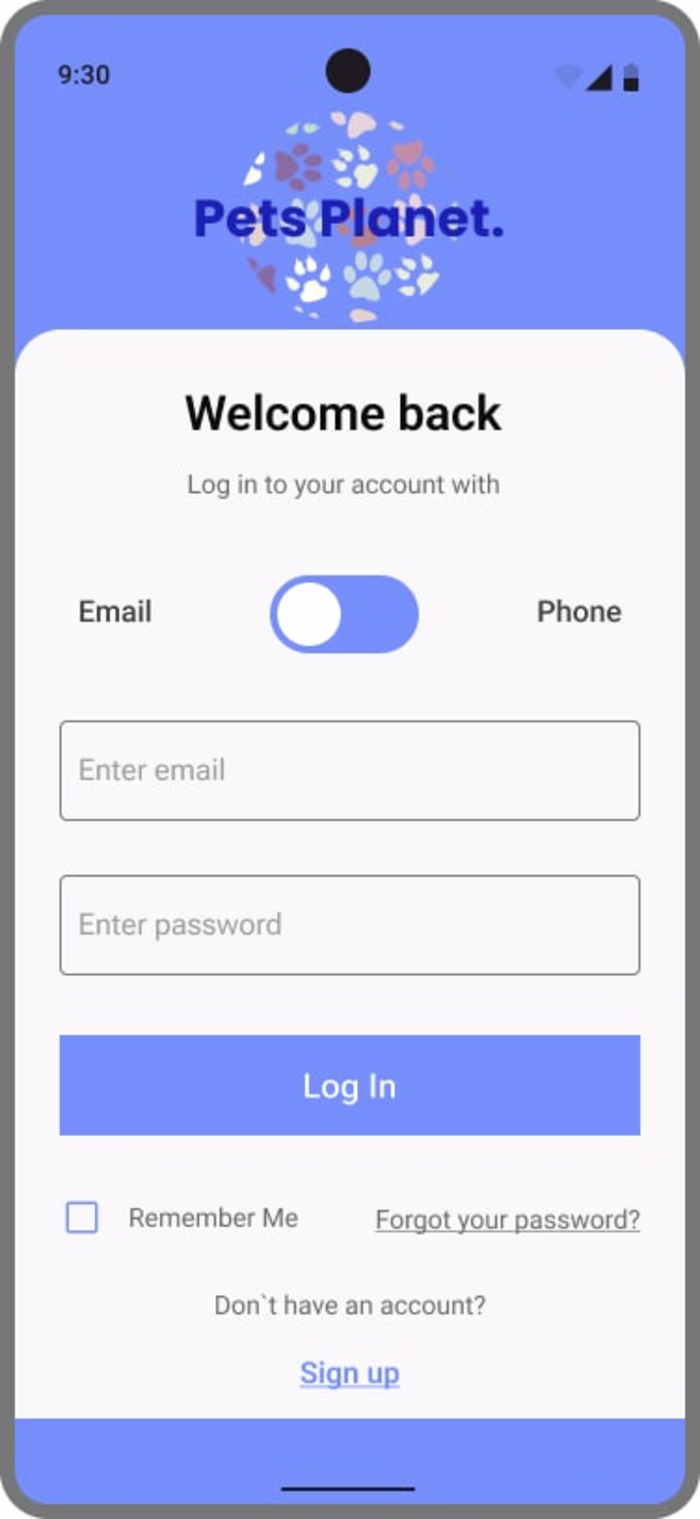 UI of Login, Sign Up screens
