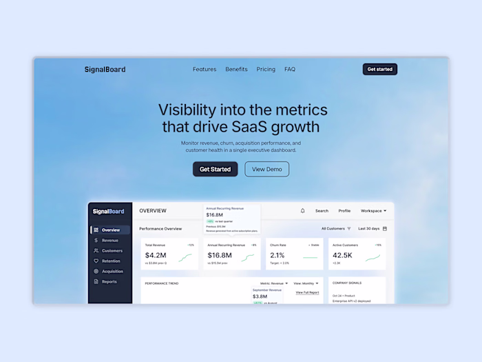 Landing page for an executive SaaS analytics dashboard