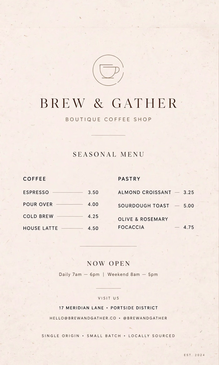Designed a minimalist seasonal menu