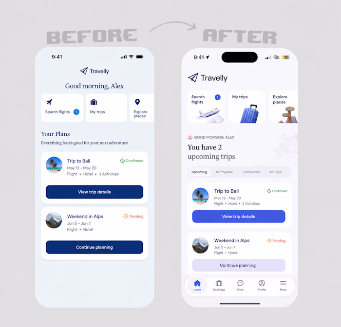 Travelly - Travel App UI/UX Redesign (Before & After)