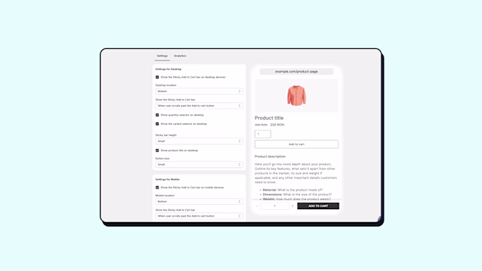 App settings for a Sticky add to cart bar