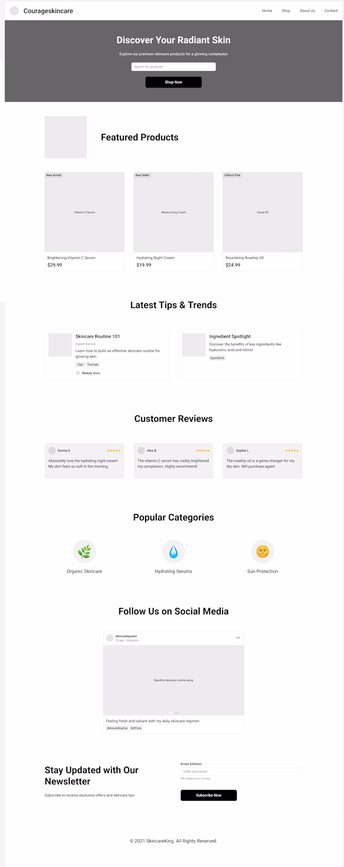 UI design and Wire Frame for Courageskincare