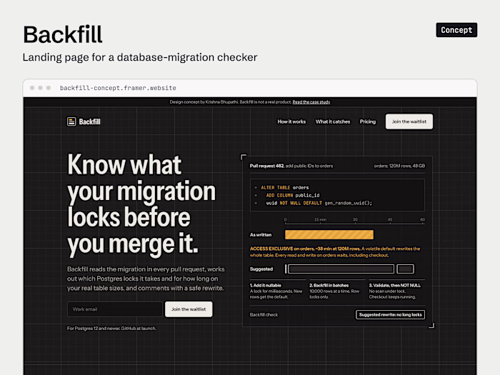 Backfill (concept): Framer landing page for a dev tool