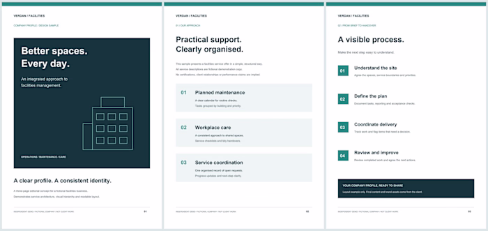 Facilities company profile — fictional layout demo