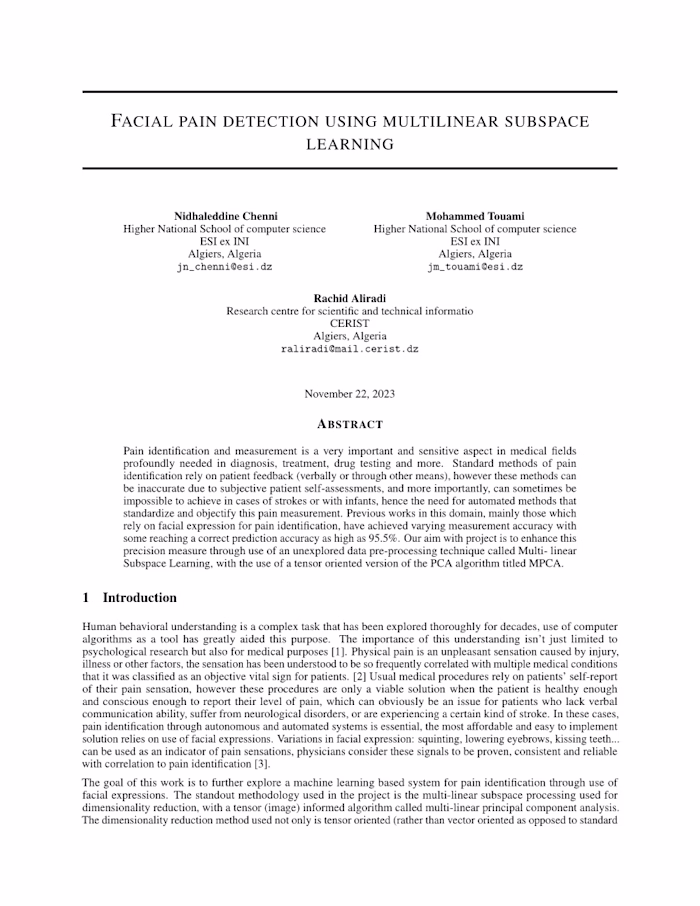 FACIAL PAIN DETECTION USING MULTI-LINEAR SUBSPACE LEARNING