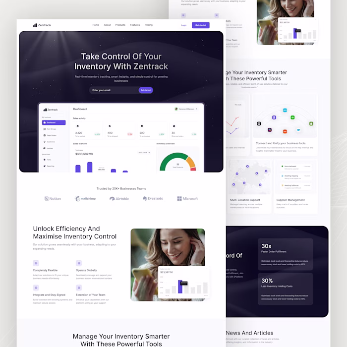 Zentrack landing page (inventory management software)