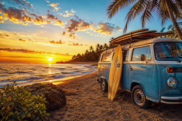 Vintage Tropical Beach Sunset with Classic Camper Van and Surfbo