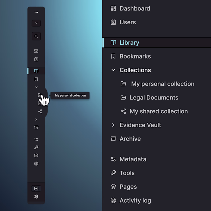 Dark-mode navigation proposal for Uwazi, showing both the co...