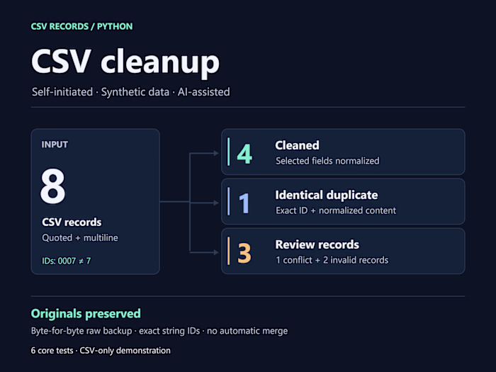 CSV Cleanup with Exact IDs and Review Reports