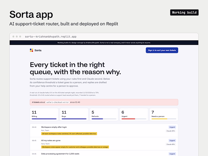 Sorta app: AI support-ticket router, built on Replit