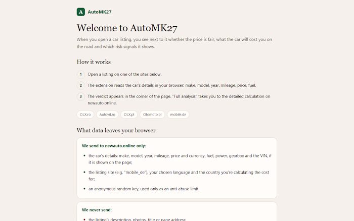 AutoMK27 — browser extension that audits a car listing