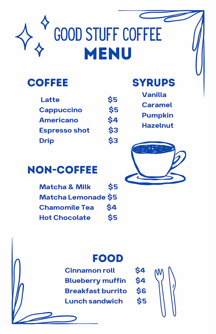 Coffee shop menu 