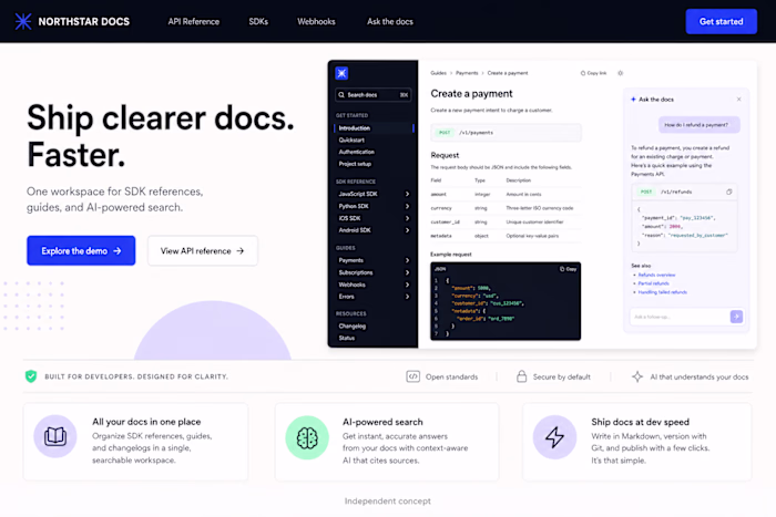 Northstar Docs — Developer Documentation Landing Page Concept