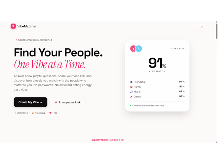 VibeMatcher (https://ur-vibematcher.vercel.app/) is a modern