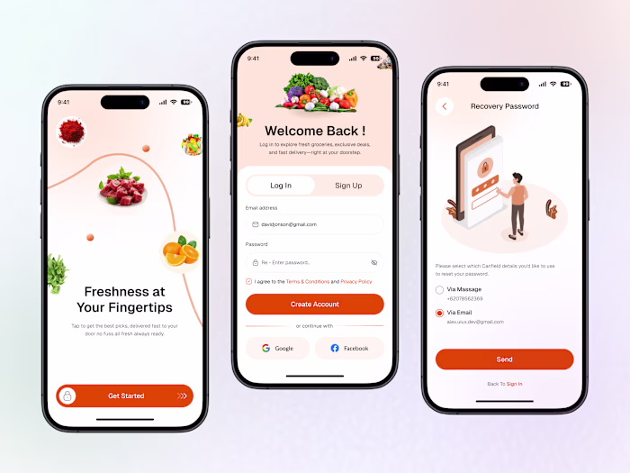 Grocery App UI – Onboarding, Login & Password Recovery
