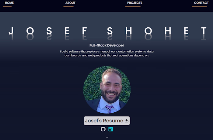Personal portfolio at jshohet.dev (http://jshohet.dev),