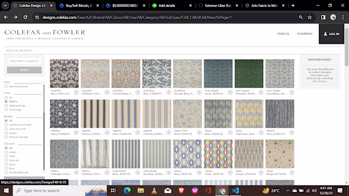 Colefax fabric listing website scrape with selenium