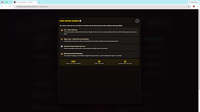 Tinder Matrix — Interactive Marketplace Discovery System.