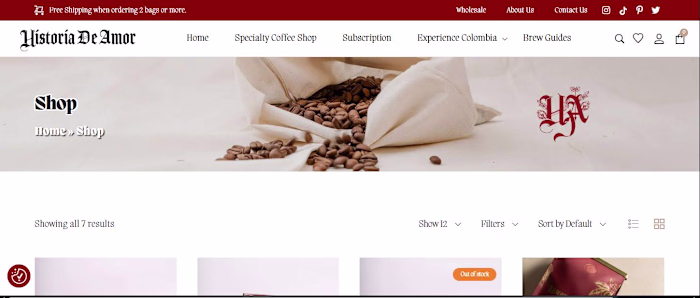 E-commerce store for Historia De Amor specialty coffee