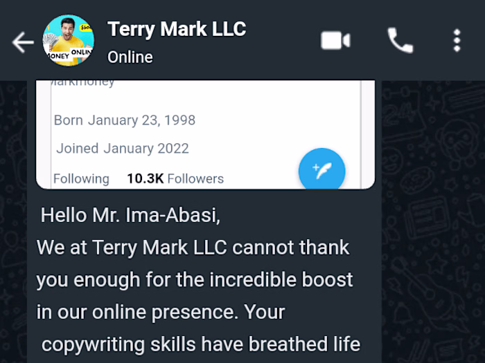 Another mind-blowing testimonial from my satisfied client