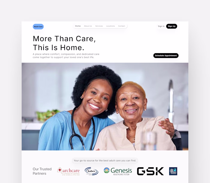 Adult Care Seniors Home Website Design showing 4 sections--H...
