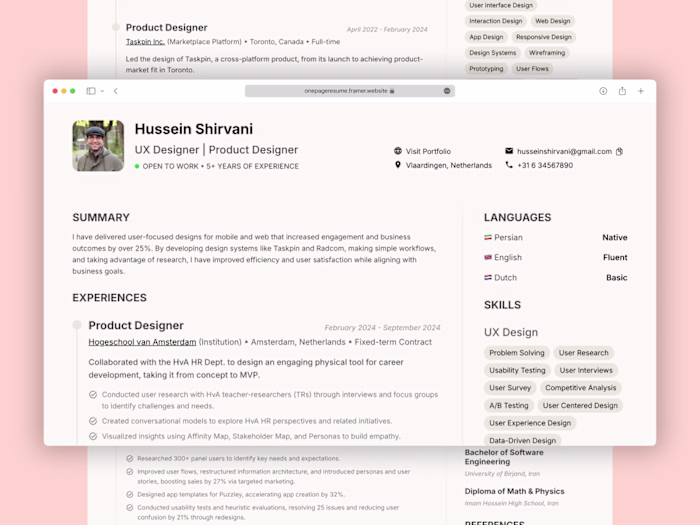 Framer Design: One-Page Resume