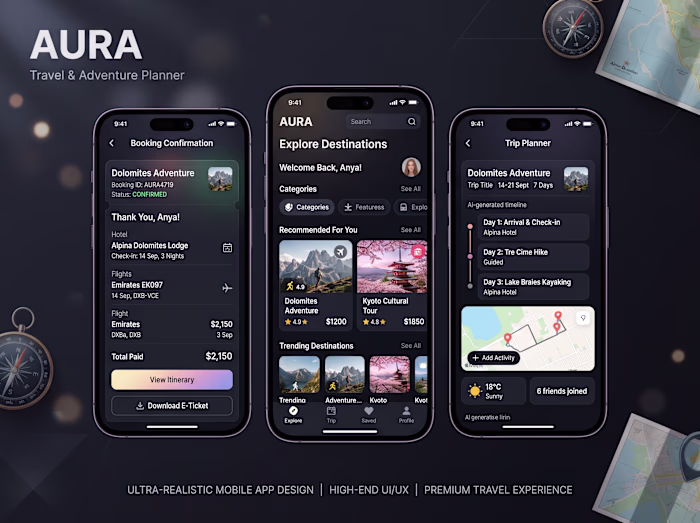 AURA Travel and Adventure Planner Mobile App UI UX Design