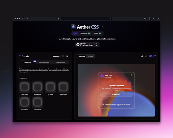 Aether CSS - Tools for Beautiful CSS Cards - Style guide - T...