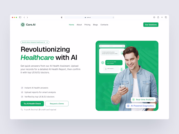 A modern Healthcare AI website designed to feel calm, clear,...