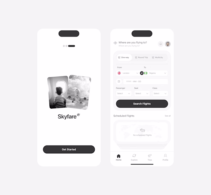 A flight booking app with a streamlined home page where plan...