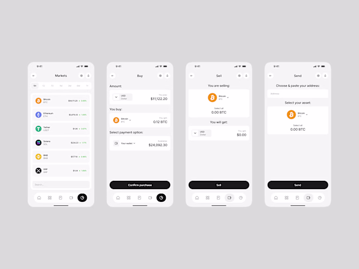 Screens for a crypto exchange mobile app