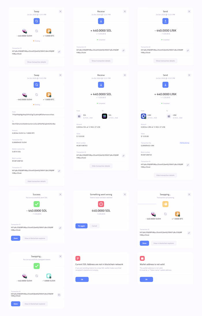P2P Wallet / Transaction statuses (All modals)