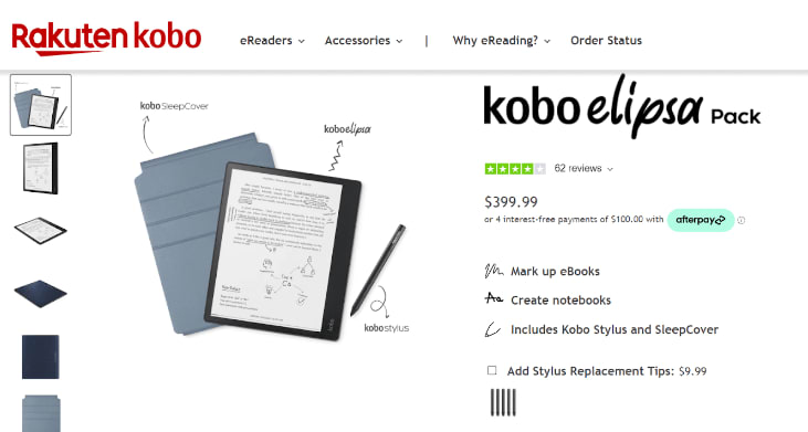  Kobo Elipsa Pack, eReader, 10.3” Glare Free Touchscreen, Mark Up eBooks, Pack Includes Kobo Elipsa, 1 Kobo Stylus & 1 SleepCover, Adjustable Brightness, Carta E Ink Technology