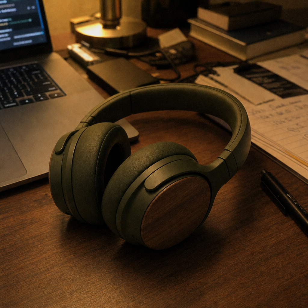 Arbórea headphones resting on a walnut desk beside a laptop and notebook