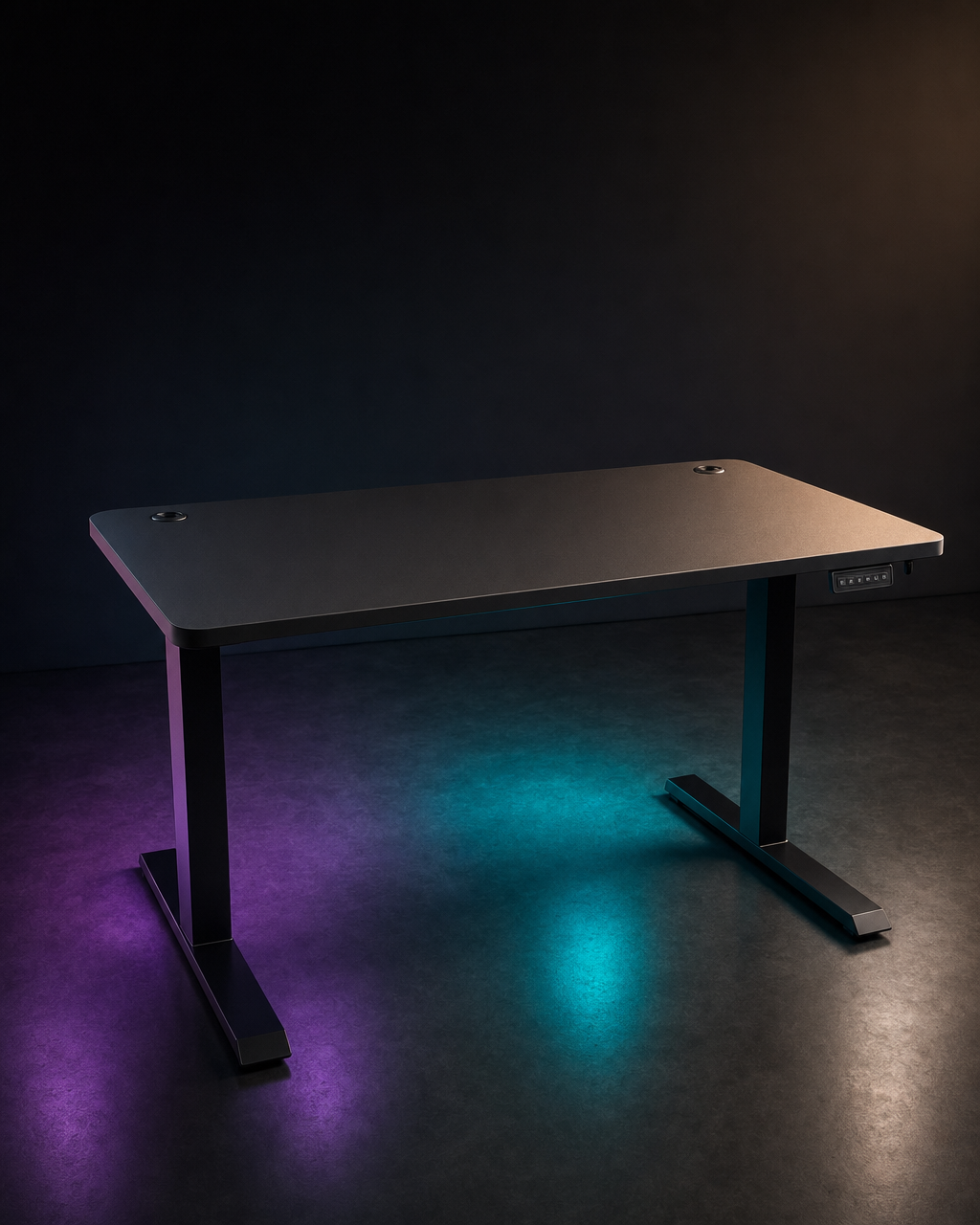 EPOCH One standing desk illuminated with cyan and violet ambient light in a dark studio