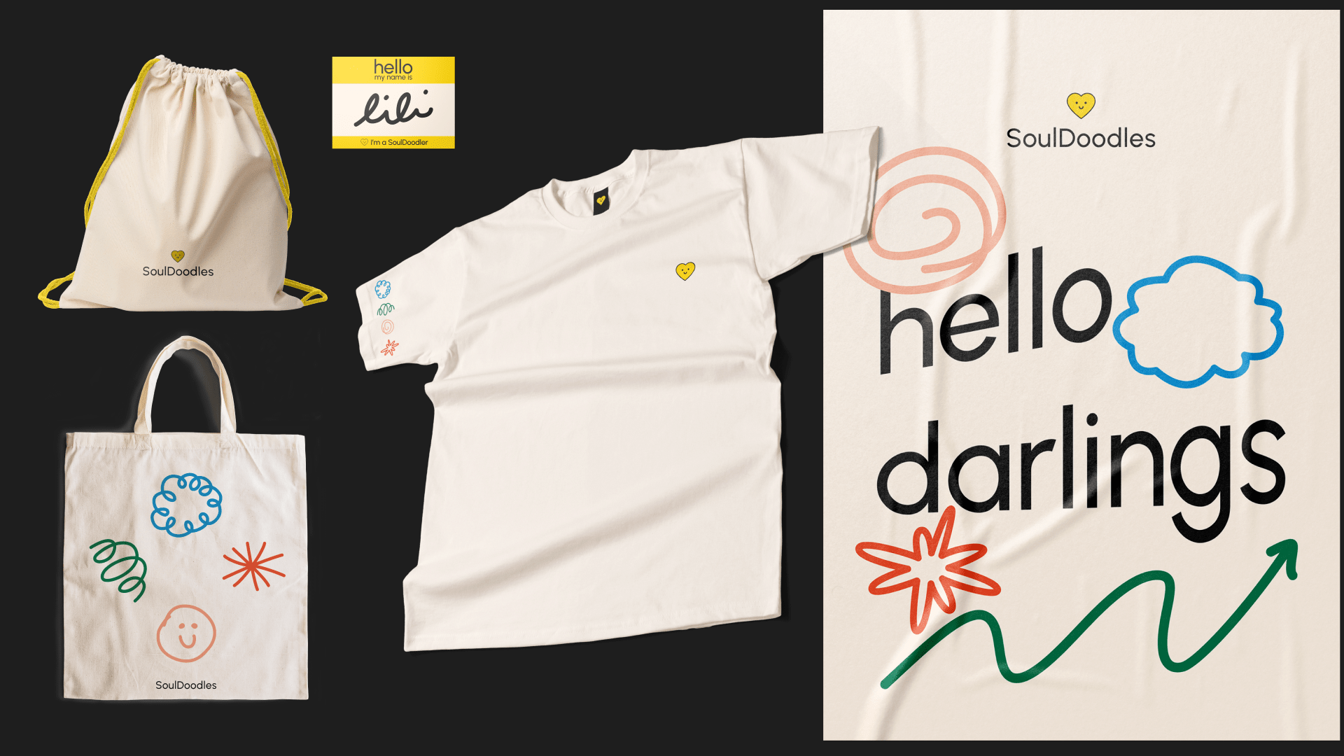From left: tote bag, linen backpack, sticker, t-shirt and poster.