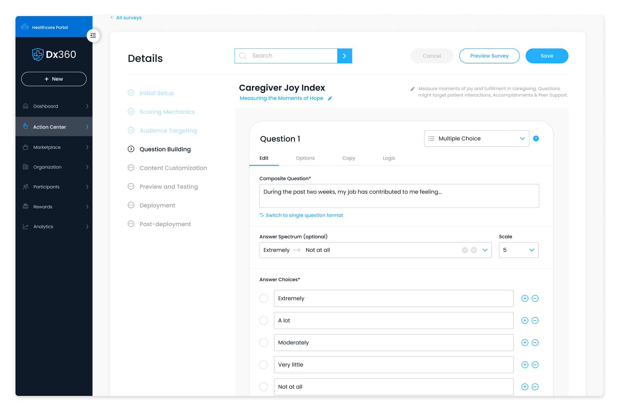 Enterprise Dashboard / Action Center - Create New Survey (question building)