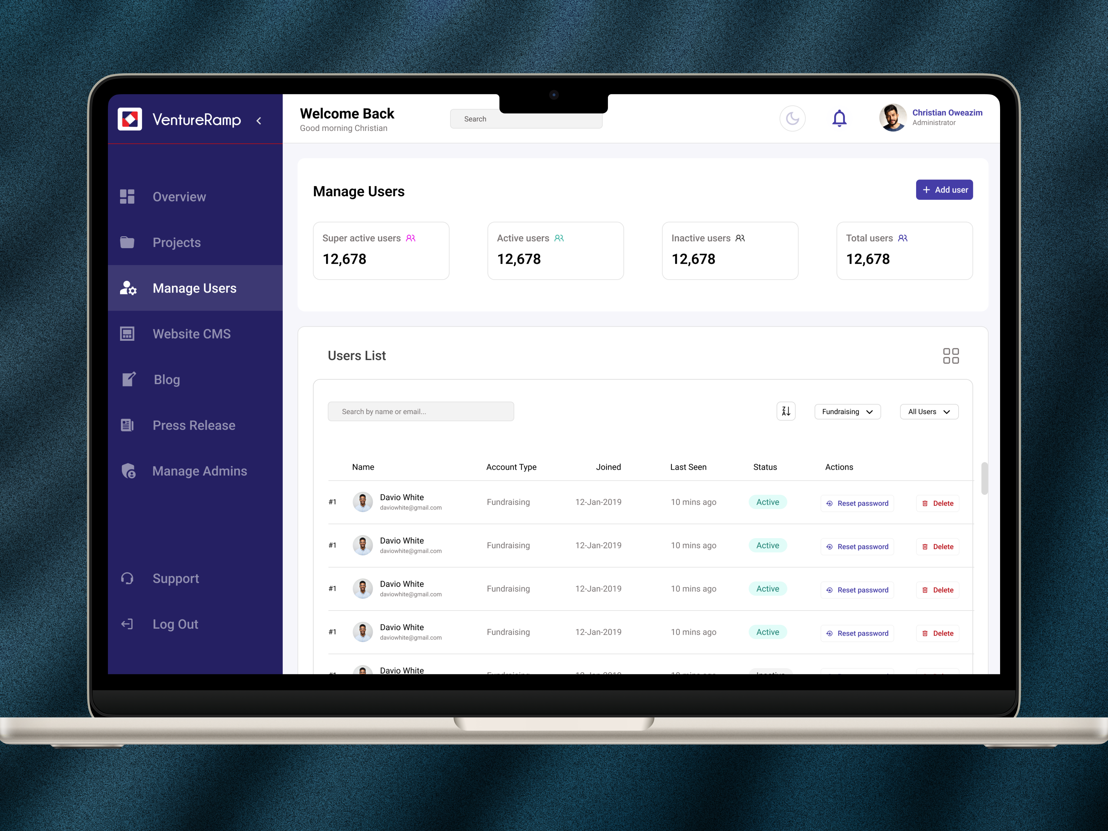 Manage users page