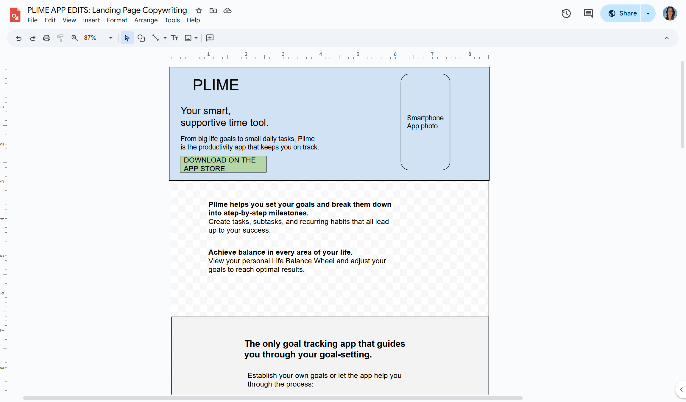 My Wireframe/UX Copy draft for the Plime app landing page.