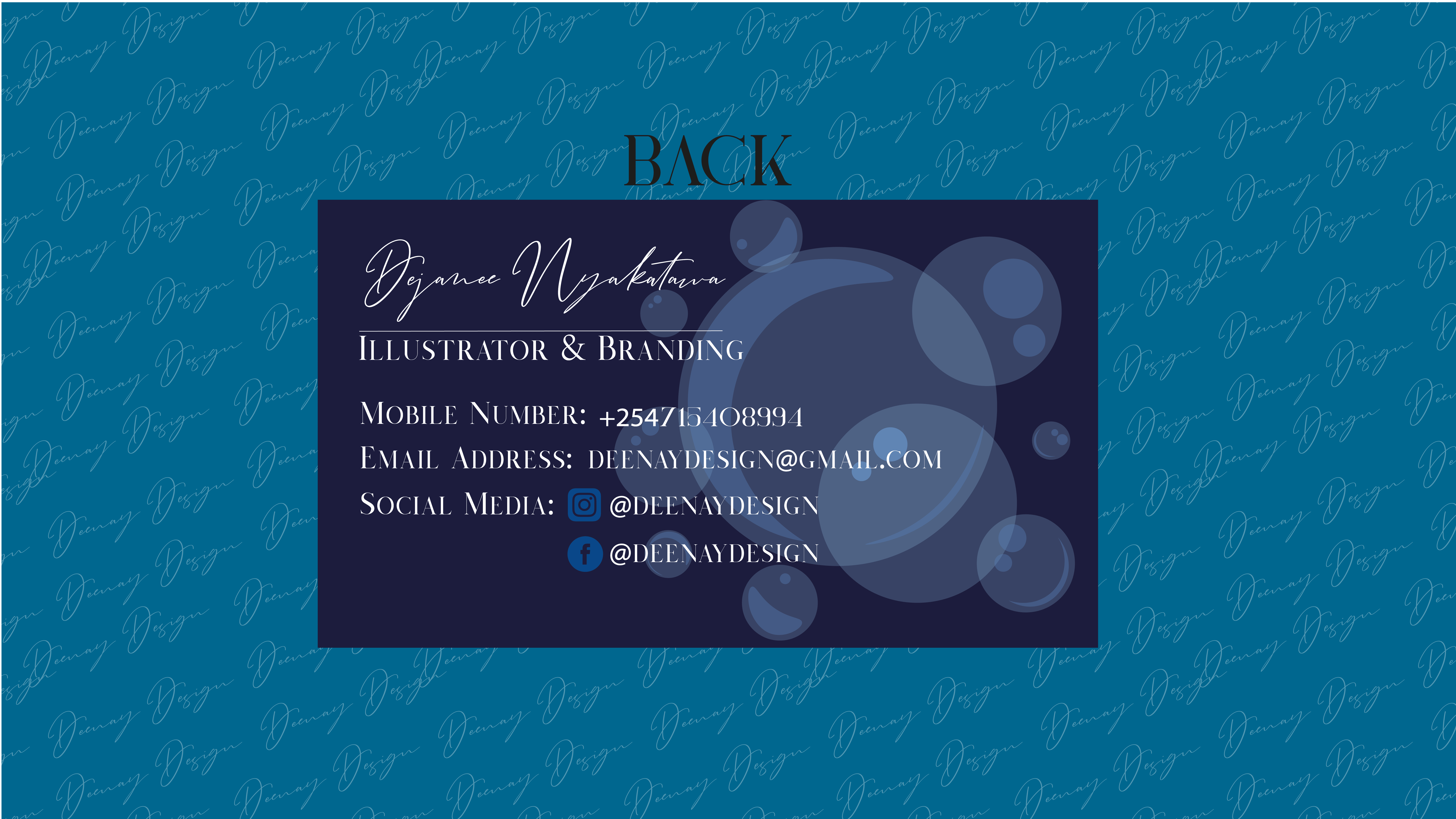 Back design of deenay designs business cards 