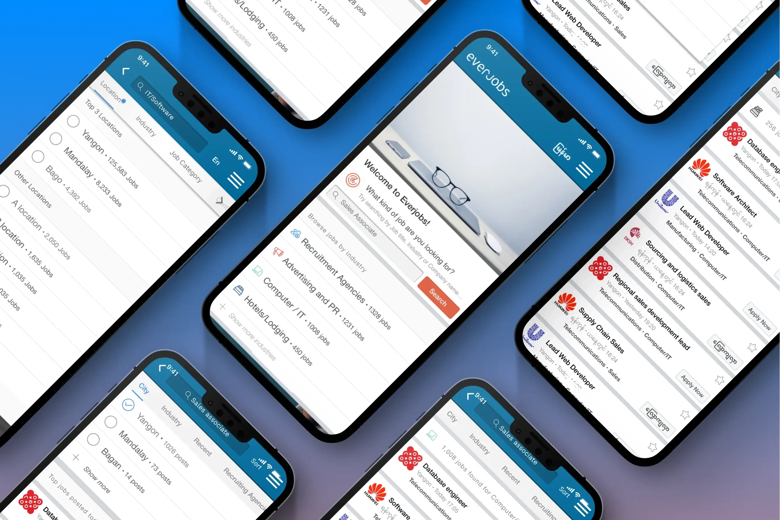 Angled array of mobile screenshots