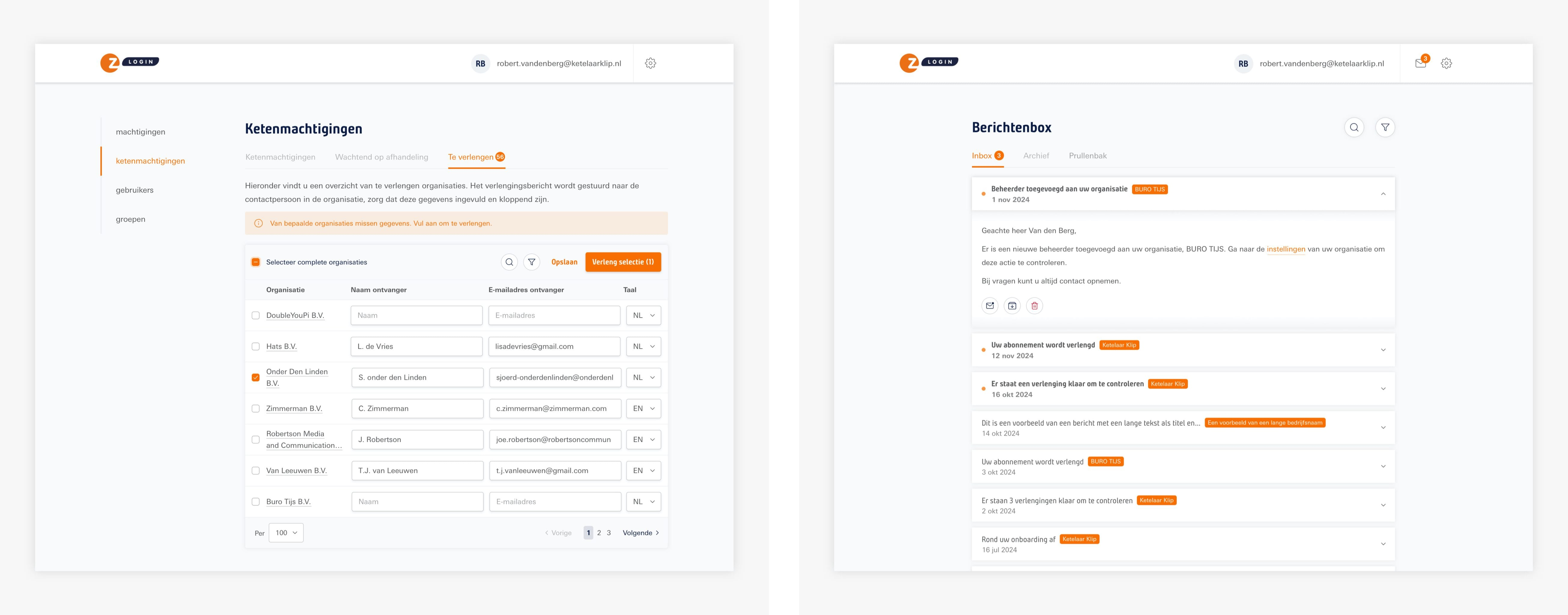 Left: Bulk renewing authorizations. / Right: The inbox for notifications.