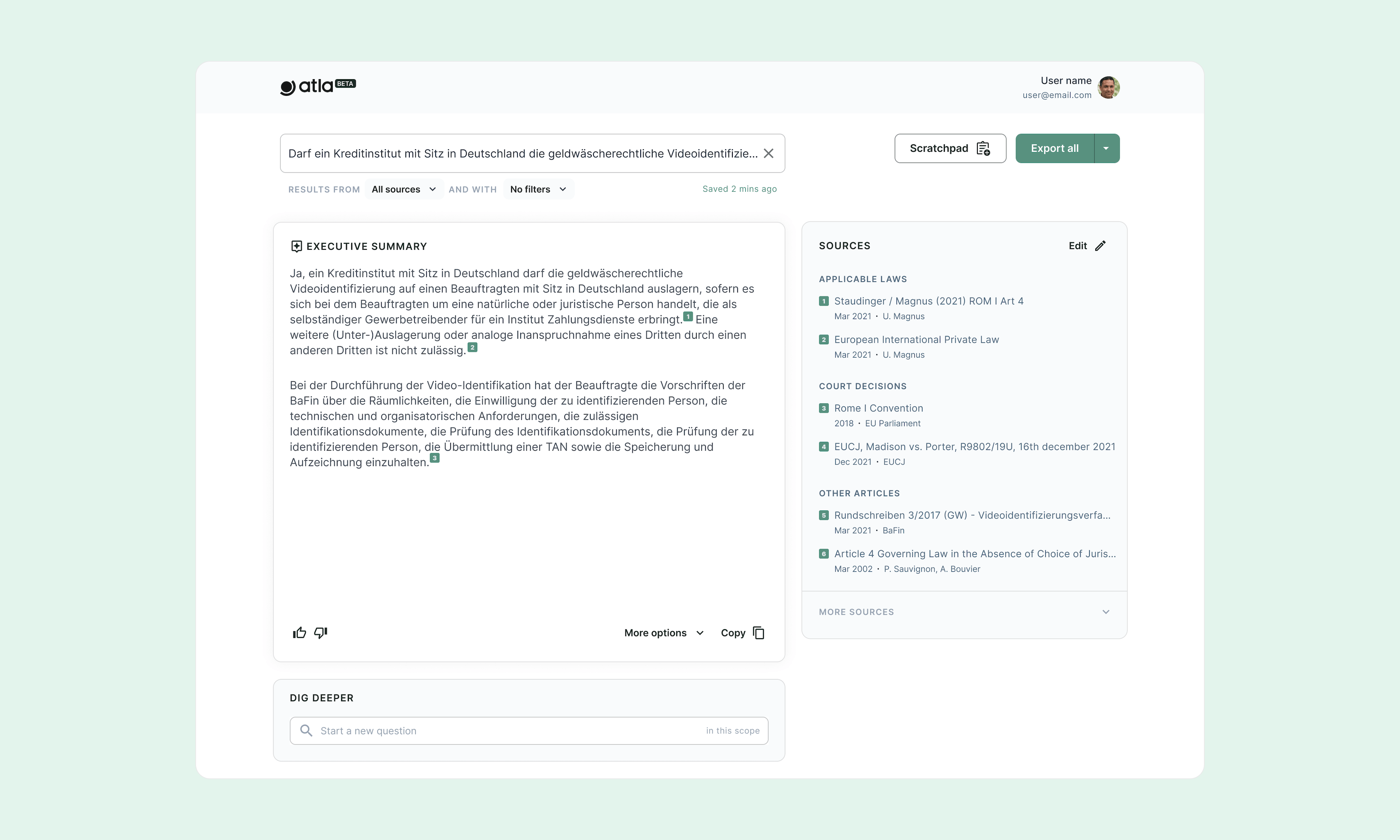  The "Summary" screen presents the AI-generated answer to the legal question and relevant sources.