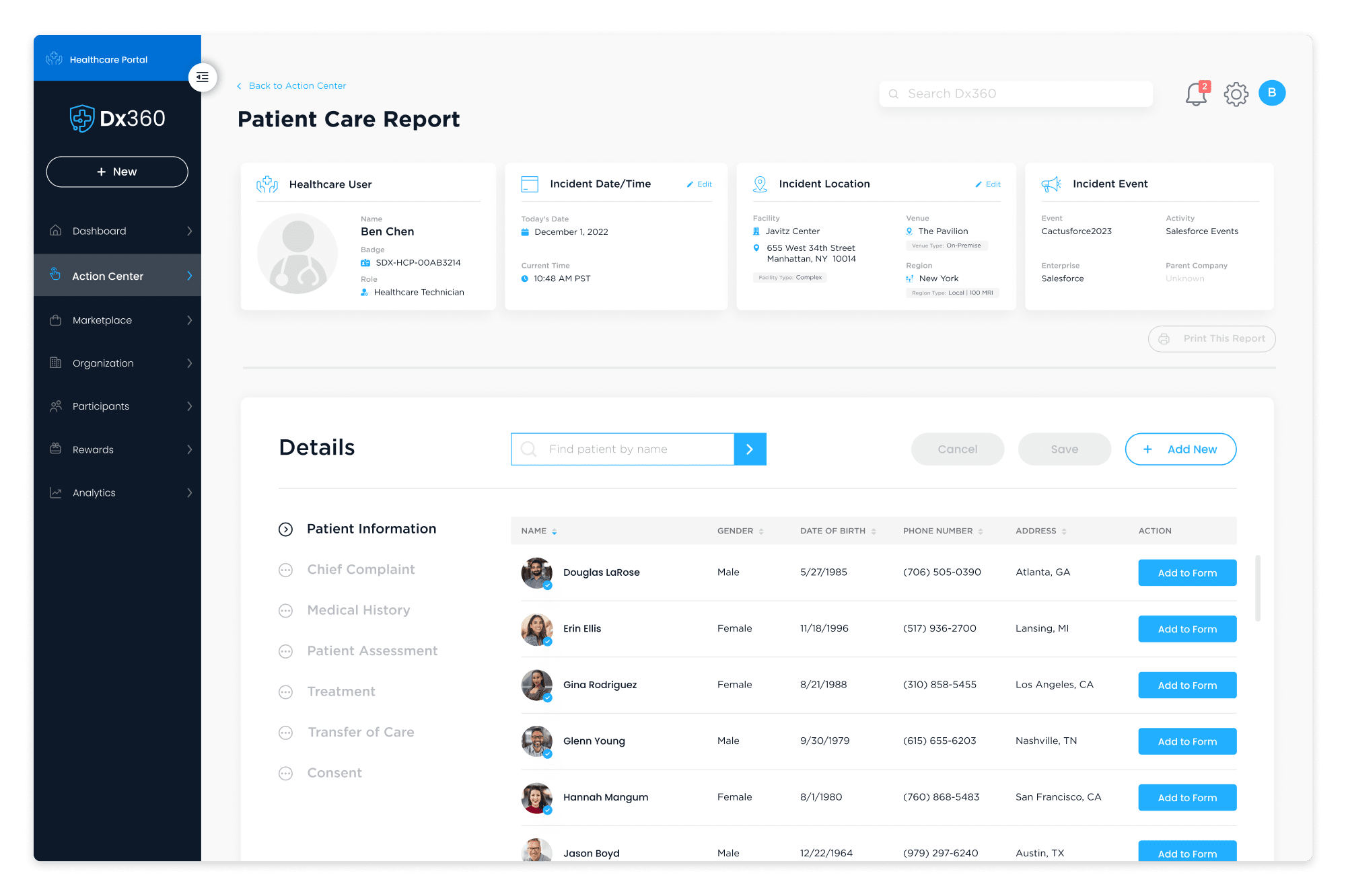 Enterprise Dashboard / Action Center - Create New Survey (patient care report)