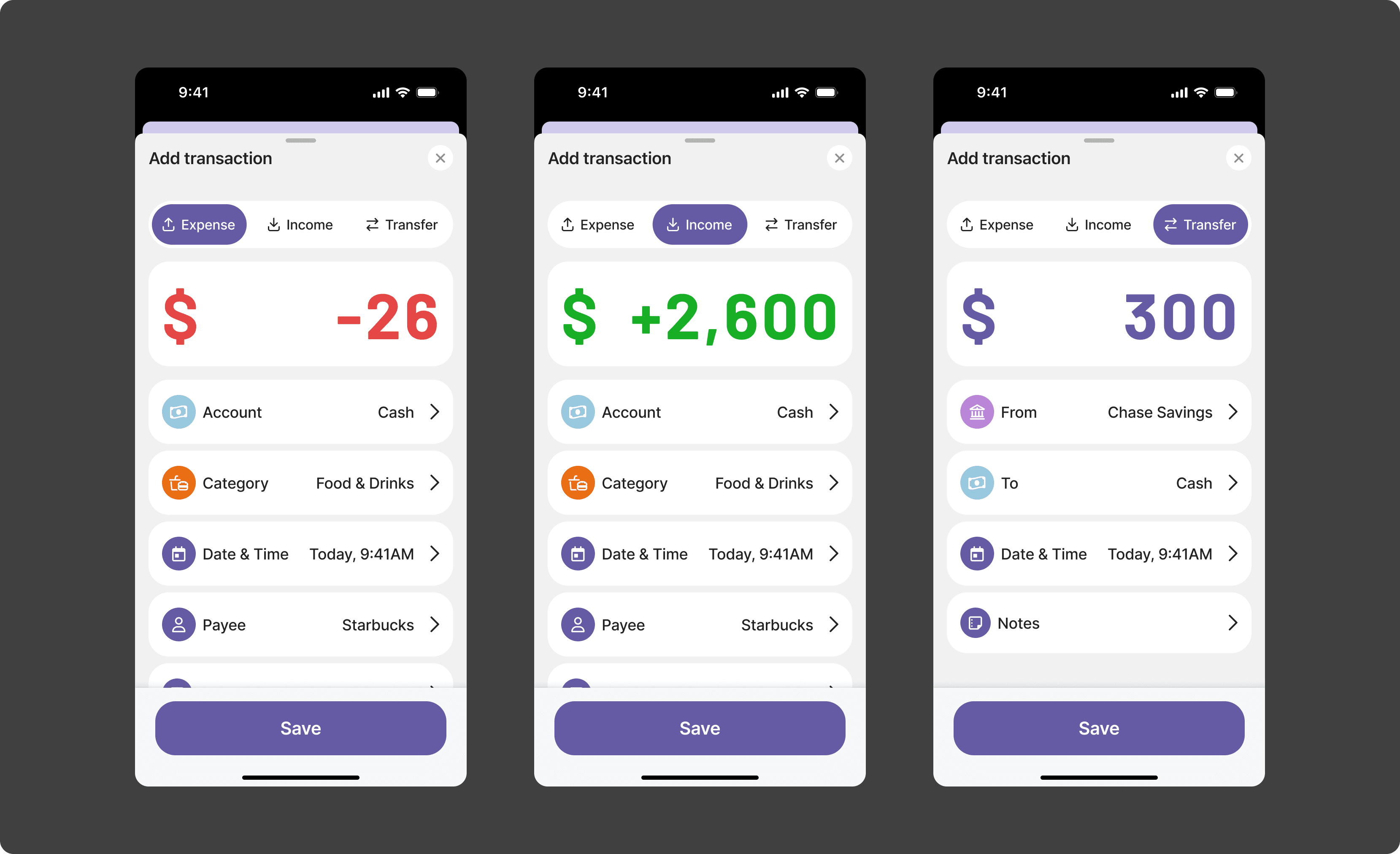 Add transaction / light mode